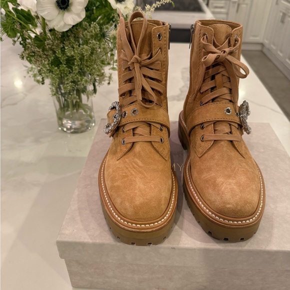 Jimmy Choo Cora Caramel Suede Combat Boots with Crystal Buckle - Picture 3 of 8